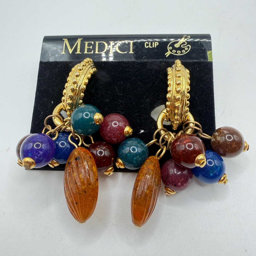 Vintage Medici 80s Colorful Lucite Gold Tone Hoop Cluster Clip-On Earrings